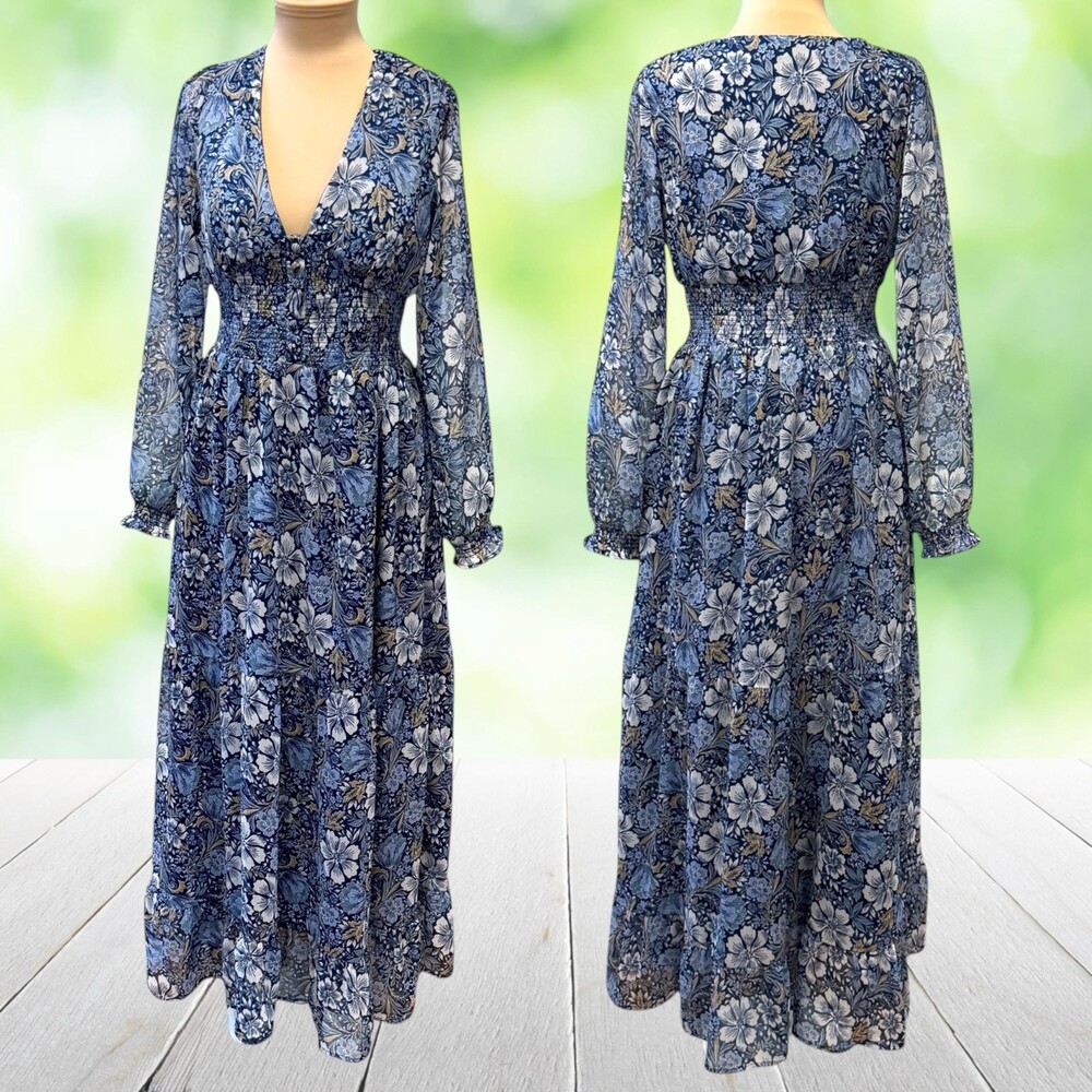 PATRONS OF PEACE Boho Maxi Dress Blue Floral Chiffon Plunge Smocked Juniors L